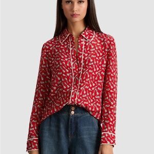 Alice + Olivia Red and White WILLA SILK BLOUSE WITH PIPING Small